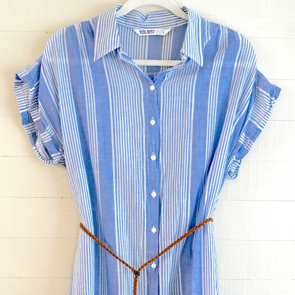 Zara Blue White Stripe Shirt Dress w/ Belt